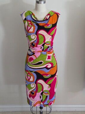 David Meister Pink Orange Ruched Midi Dress